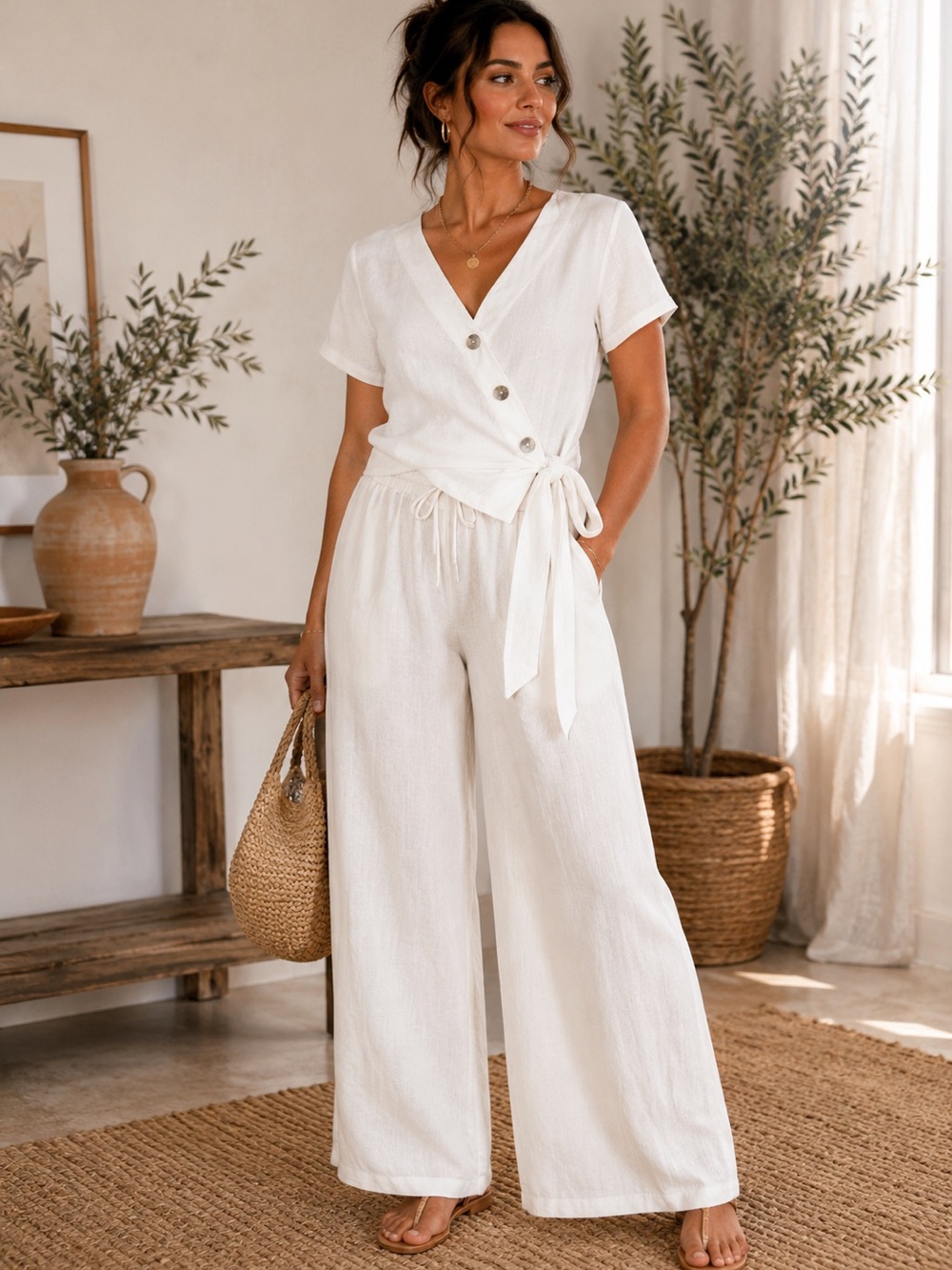 Christian Siriano 100% Linen Wide Leg Pants Large White Pull On Coastal